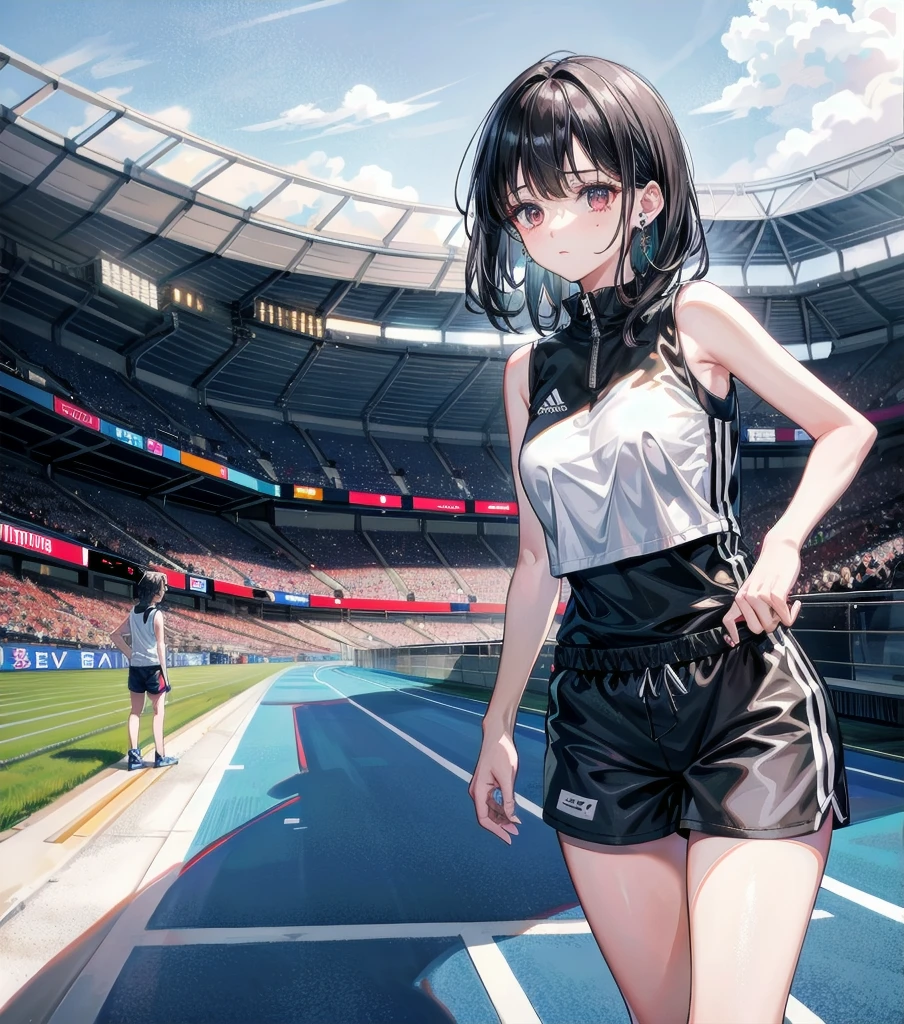 full body, delicate facial features, medium , medium hair, black hair, tearful mole, earring, tracksuit, (sleeveless, bare arms), shorts, a stadium for land-based sporting events,