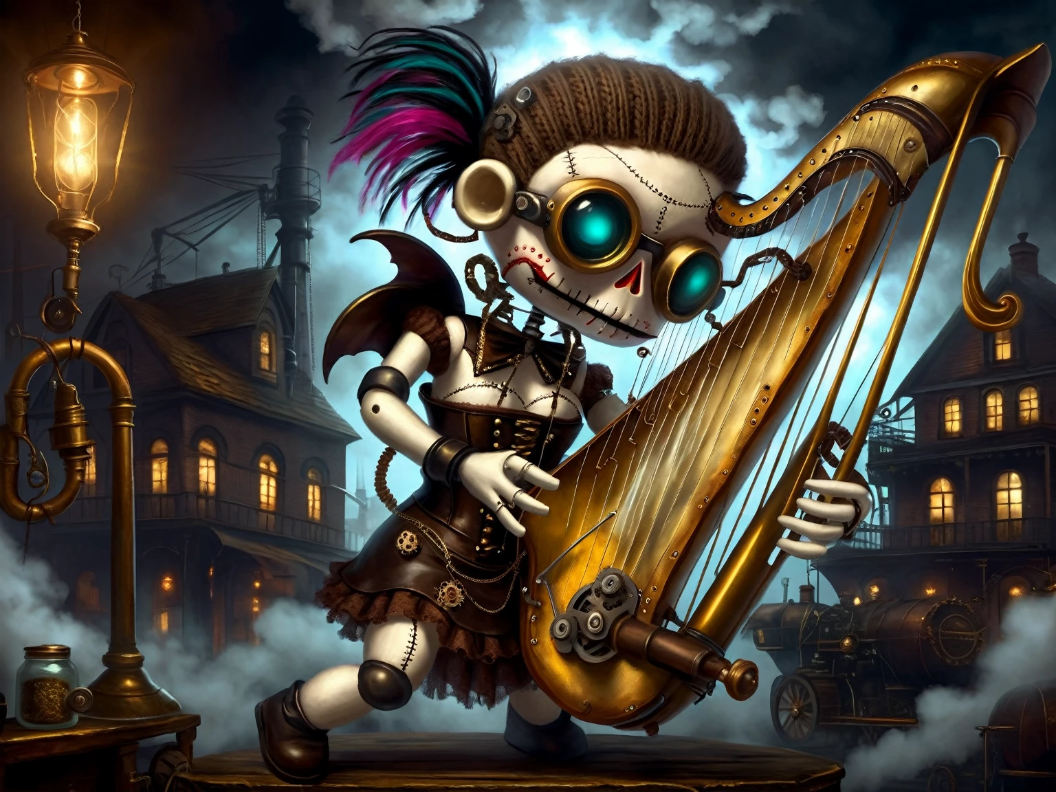 (voodoo doll playing knitted harp:1.2), (Voodoo Steampunk:1.3), (badass clothing: leather corset, aviator glasses, Gears and mechanical parts:1.0), (in the background steam engines, airships and Victorian buildings:1.2), best qualityer, work of art, detailed soft oil painting, detailed back ground, dramatic cinematic lighting, soft edge lighting, proffesional, dramatic lighting, hard edge lighting, ultra quality, 4K, work of art, best qualityer, 8K, ultra high definition, high resolution, extremely detaild, perfect details of the harp.