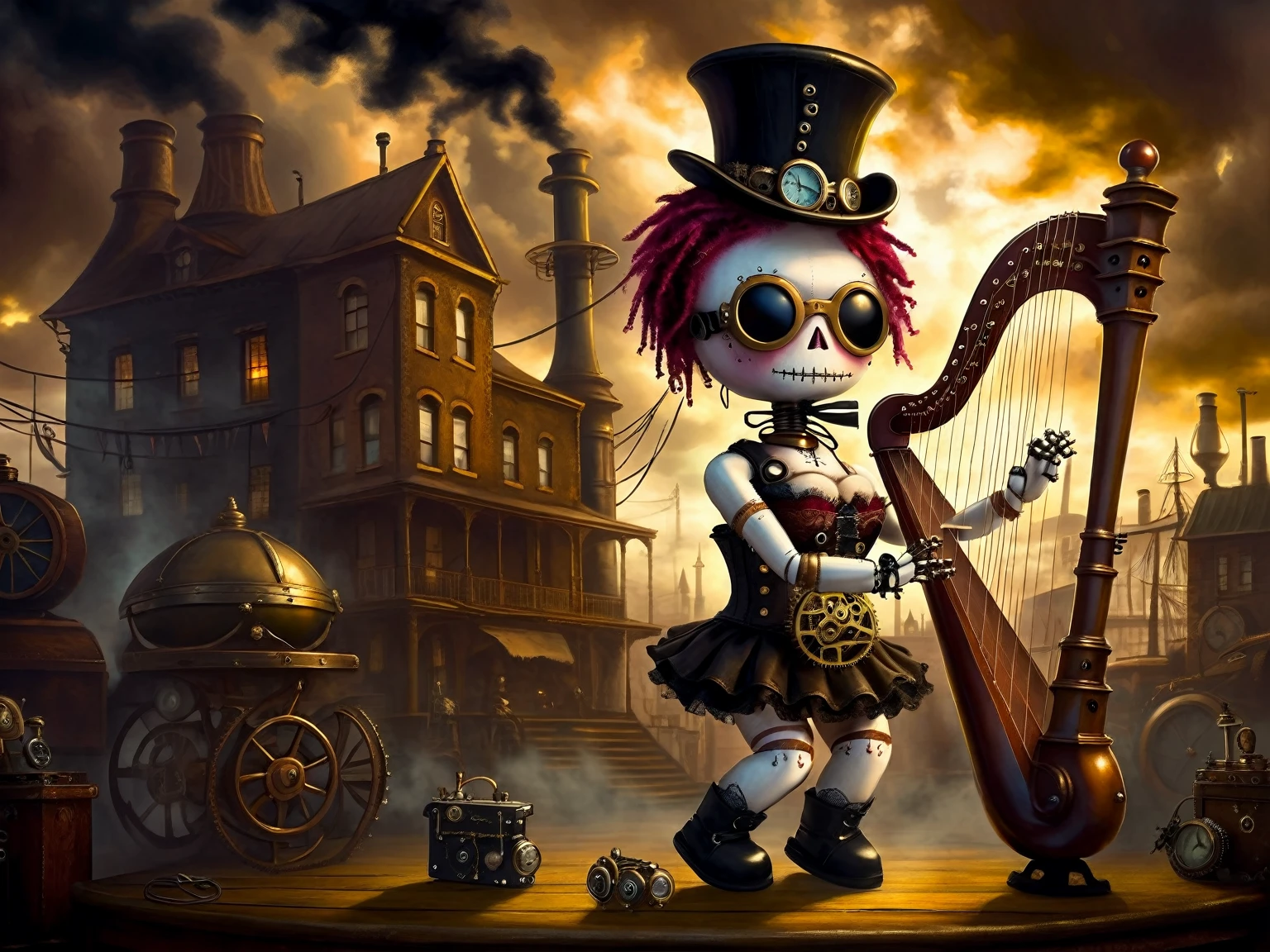 (voodoo doll playing knitted harp:1.2), (Voodoo Steampunk:1.3), (badass clothing: leather corset, aviator glasses, Gears and mechanical parts:1.0), (in the background steam engines, airships and Victorian buildings:1.2), best qualityer, work of art, detailed soft oil painting, detailed back ground, dramatic cinematic lighting, soft edge lighting, proffesional, dramatic lighting, hard edge lighting, ultra quality, 4K, work of art, best qualityer, 8K, ultra high definition, high resolution, extremely detaild, perfect details of the harp.