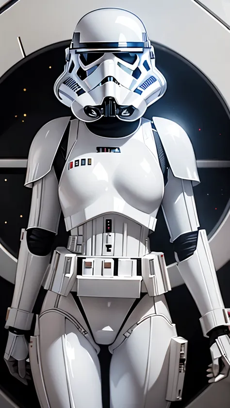 wearing shiny stormtrooper armor, a Star Wars imperial agent, cute face, wearing stormtrooper armor, imperial Star Wars style, s...