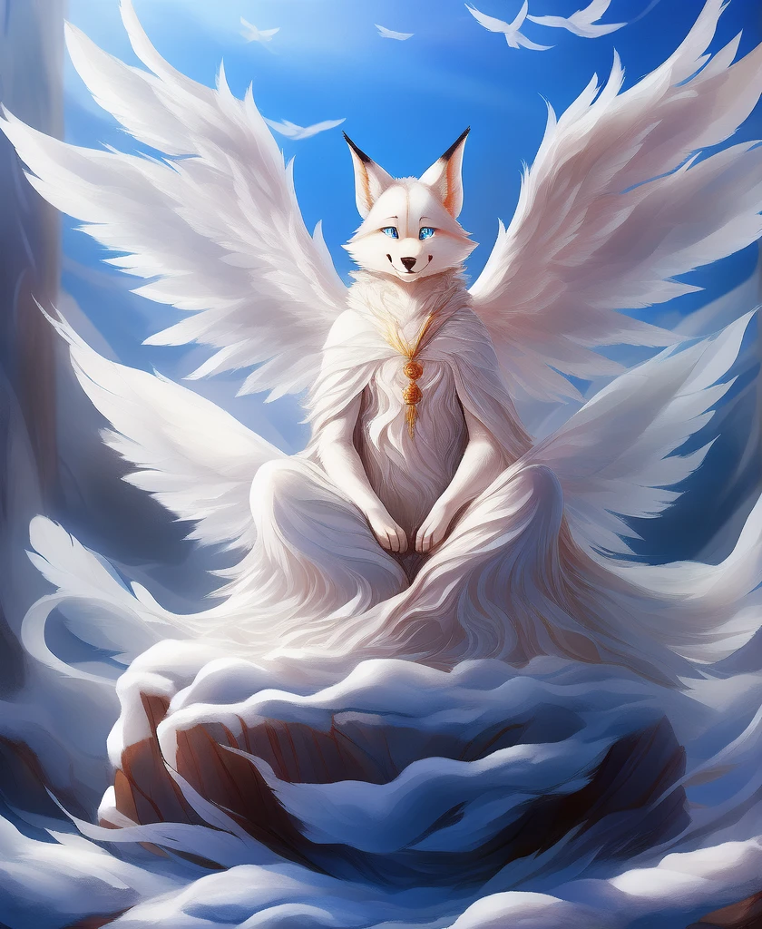 falvie 
asian_mythology east_asian_mythology mythology 
canid canine fox mammal will-o'-the-wisp 
2017 digital_media_(artwork) 
ambiguous_gender blue_eyes detailed_background feral fox_spirit fur kitsunebi multi_tail paws shrine sitting smile solo tail white_body white_fur, white angel wings, cute