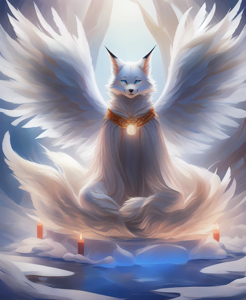 falvie 
asian_mythology east_asian_mythology mythology 
canid canine fox mammal will-o'-the-wisp 
2017 digital_media_(artwork) 
ambiguous_gender blue_eyes detailed_background feral fox_spirit fur kitsunebi multi_tail paws shrine sitting smile solo tail white_body white_fur, white angel wings, cute