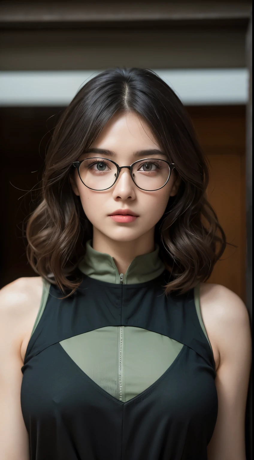 (best quality:2, 8k:2,absurdres:2, masterpiece:2, atmospheric:2, extremely detailed, detailed textures, detailed cloth texture, perspective), 1girl, woman, mature woman, adult woman, 20 years old woman, light brow hair, light green eyes, green eyes, curly hair, fringe, glasses, round glasses, black top, sci-fi adress, sci-fi clothes, sci-fi, looking at the viewer, neutral expression