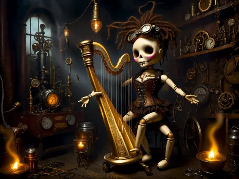 (voodoo doll playing knitted harp:1.2), (Voodoo Steampunk:1.3), (badass clothing: leather corset, aviator glasses, Gears and mec...