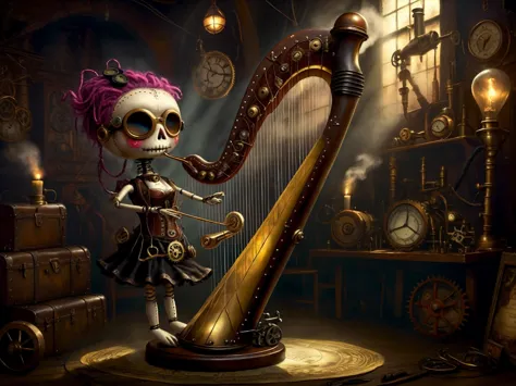 (voodoo doll playing knitted harp:1.2), (Voodoo Steampunk:1.3), (badass clothing: leather corset, aviator glasses, Gears and mec...