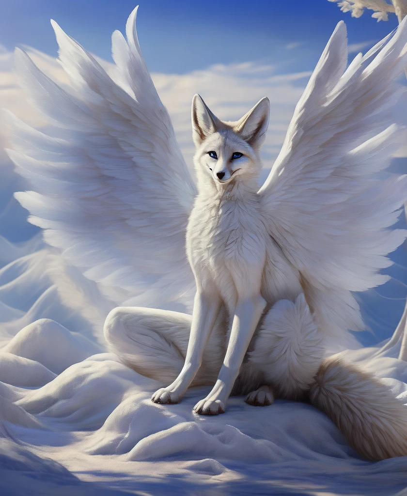 falvie 
asian_mythology  east_asian_mythology,
canid canine fox mammal 
2017 digital_media_(artwork) 
gender female, blue_eyes, detailed_background, feral fox_spirit, fur white, single tail, paws, sitting, smile, solo tail, white_body, white_fur, white angel wings 