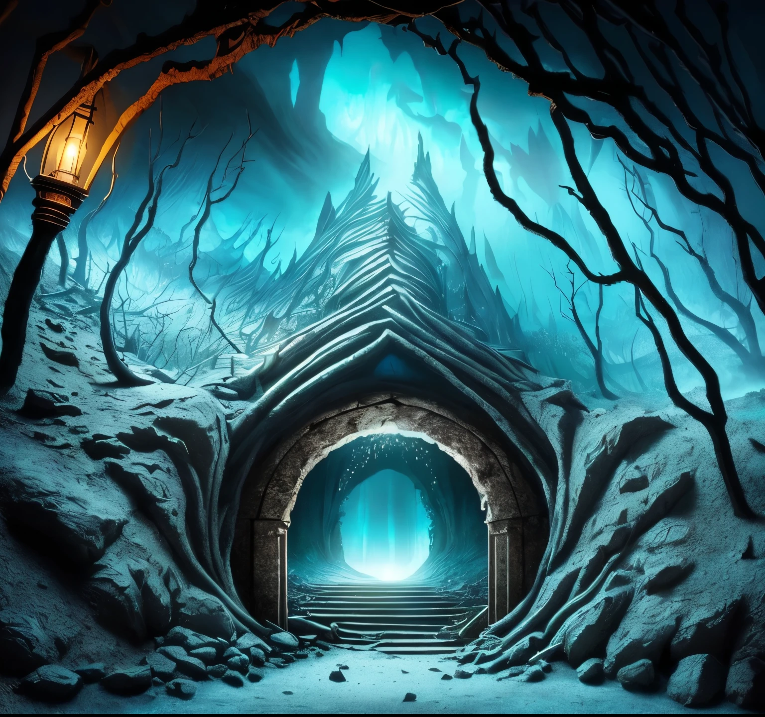 (masterpiece:1.2), (Highest quality,:1.2), 8K, High resolution, Super detailed, ((Realistic)), Professional Light, Cinema Lighting,Ambient Lighting,Overall details, Fantasy, Stygian Mountains々Mysterious entrance to a dark and eerie burial cave in, Epi C Photo