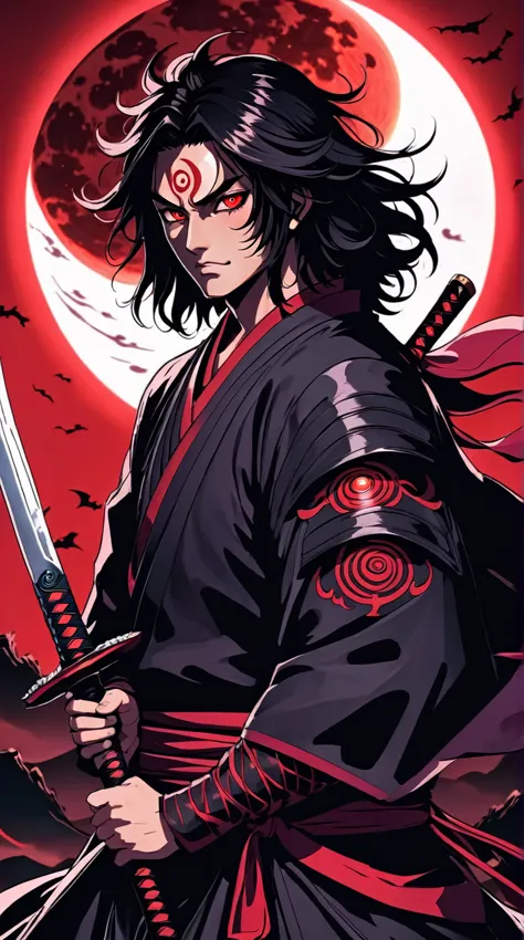 a close up of a person holding a sword in front of a red moon, demon slayer artstyle, handsome guy in demon slayer art, demon sa...