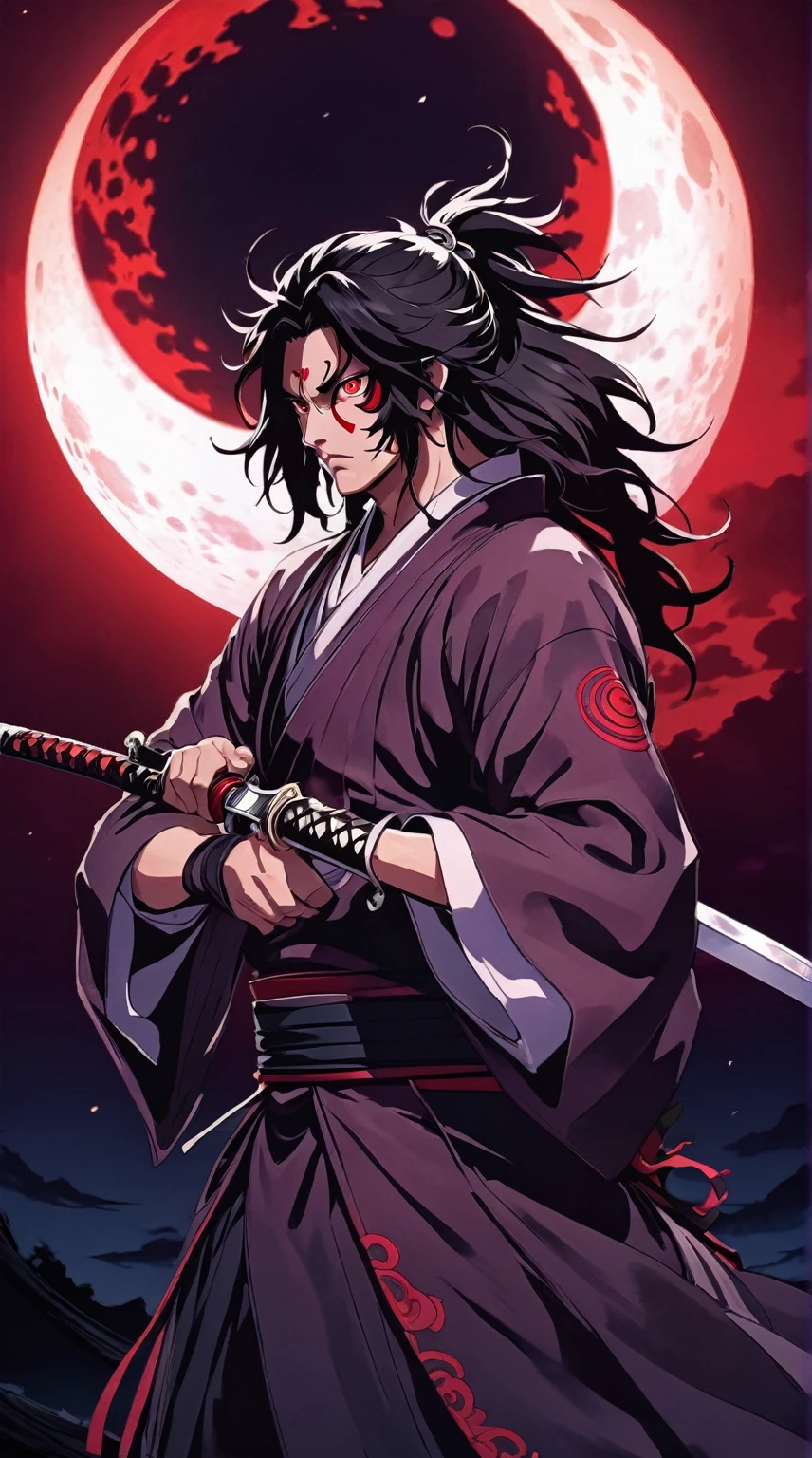 a close up of a person holding a sword in front of a red moon, demon slayer artstyle, handsome guy in demon slayer art, demon samurai, beautiful male god of death, demon slayer rui fanart, itatchi uchiha, demon samurai warrior, onmyoji portrait, madara uchiha, akiyuki shinbou, add shadow, light, dark, 6 eye's