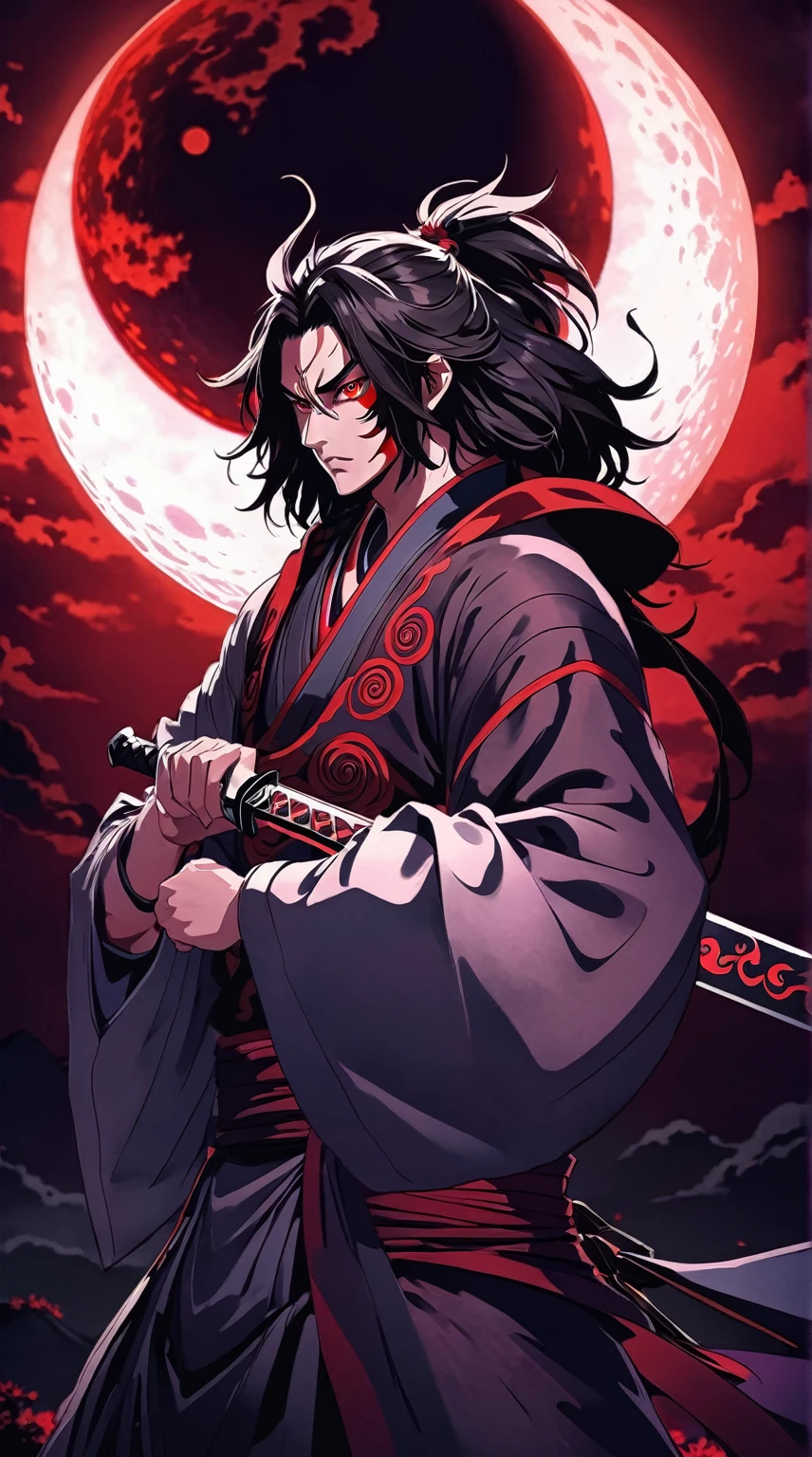 a close up of a person holding a sword in front of a red moon, demon slayer artstyle, handsome guy in demon slayer art, demon samurai, beautiful male god of death, demon slayer rui fanart, itatchi uchiha, demon samurai warrior, onmyoji portrait, madara uchiha, akiyuki shinbou, add shadow, light, dark, 6 eye's