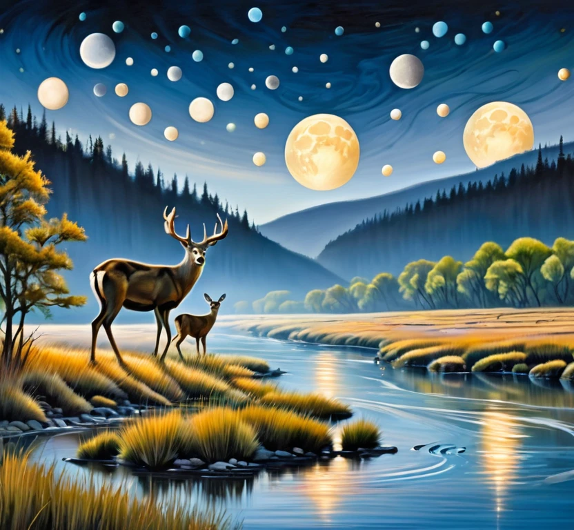 Surreal landscape, many moons, deer walking along river edge, painted brush strokes 
