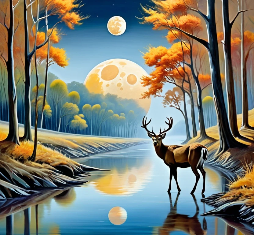 paisaje surrealista, muchas lunas, ciervos caminando por la orilla del río, pinceladas pintadas 