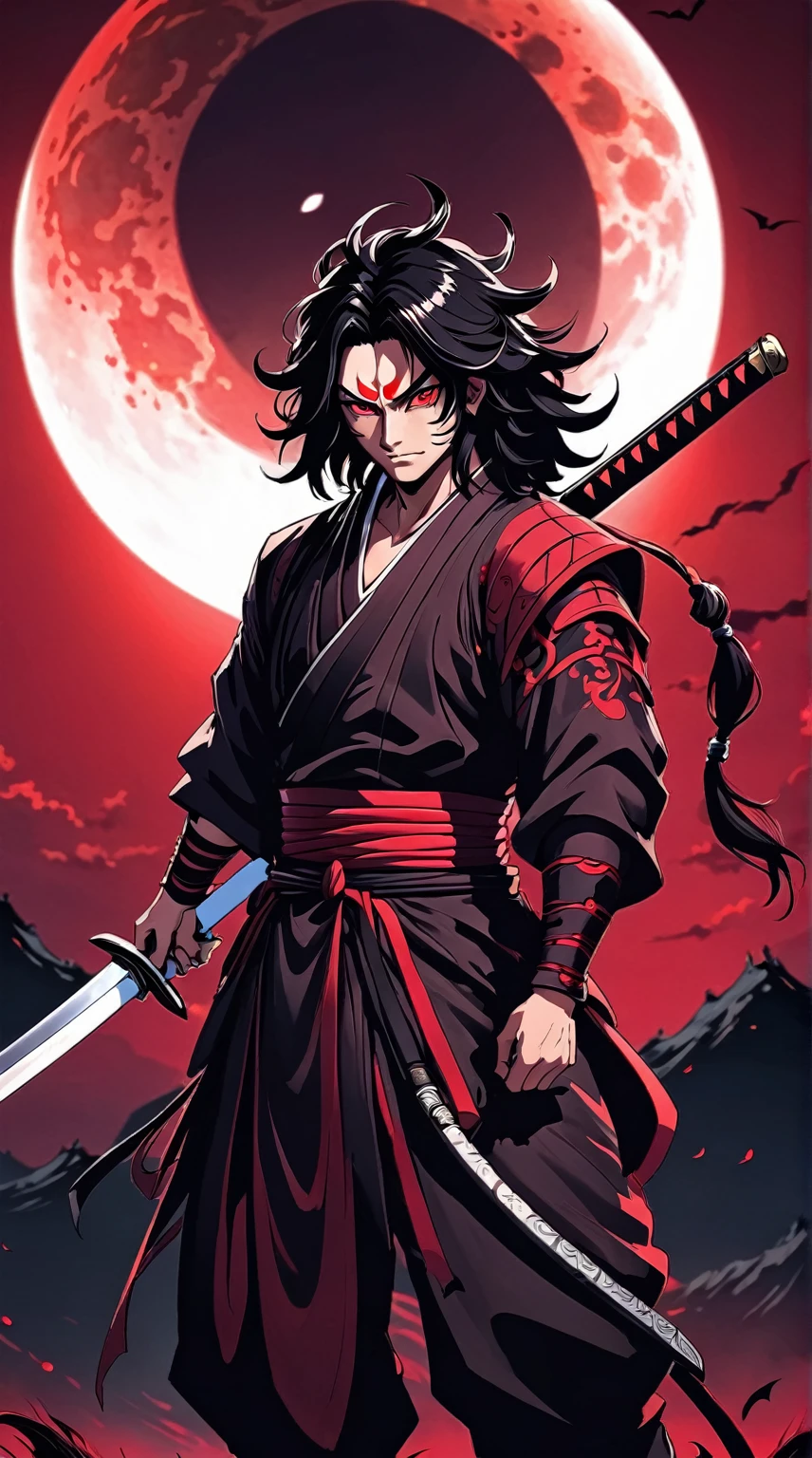 a close up of a person holding a sword in front of a red moon, demon slayer artstyle, handsome guy in demon slayer art, demon samurai, beautiful male god of death, demon slayer rui fanart, itatchi uchiha, demon samurai warrior, onmyoji portrait, madara uchiha, akiyuki shinbou, add shadow, light, dark, 6 eye's