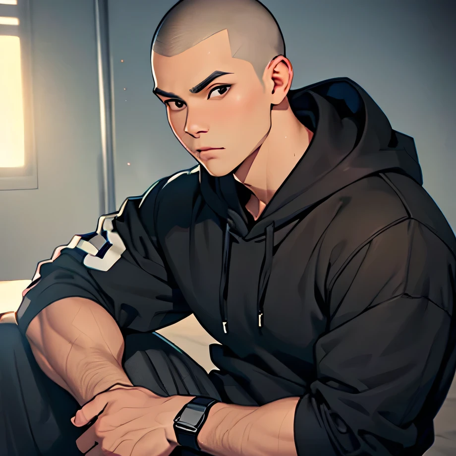 Anime guy with bald head and black hoodie sitting on the floor - SeaArt AI