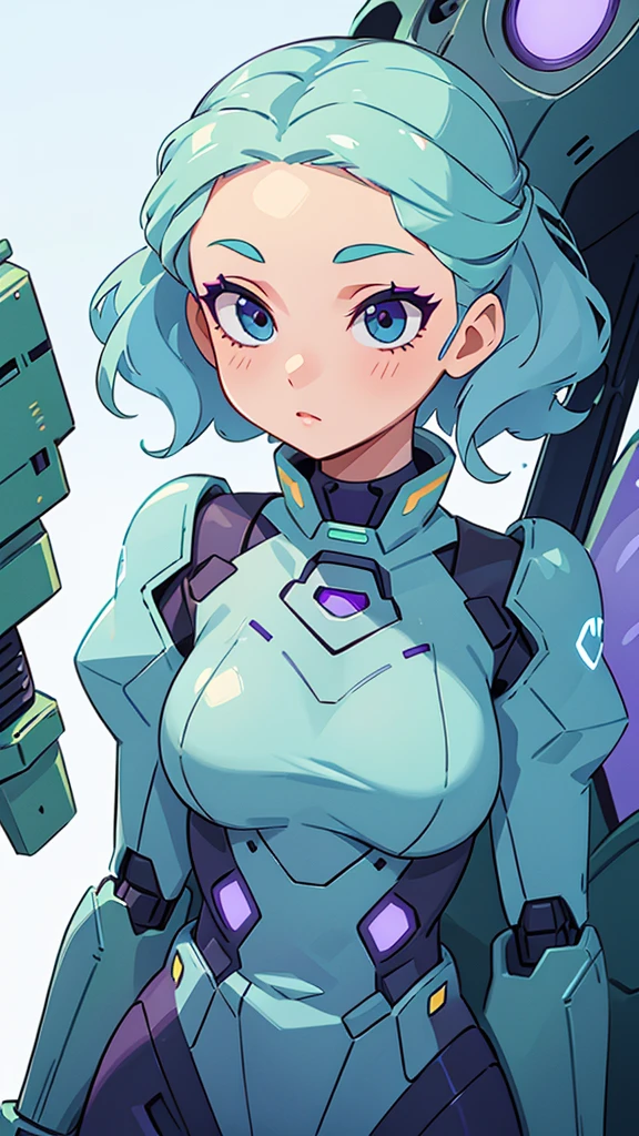  a sexy elite girl, beautiful, tall, wavy light blue hair, short cut, short forehead, her soft green eye, purple eyelashes, she wears a robotic metallic top, a military ship&#39;s aerial suit and pants, a gray military aerial suit&#39;s armor, black gloves, her hand, her back, her elite wing position. 