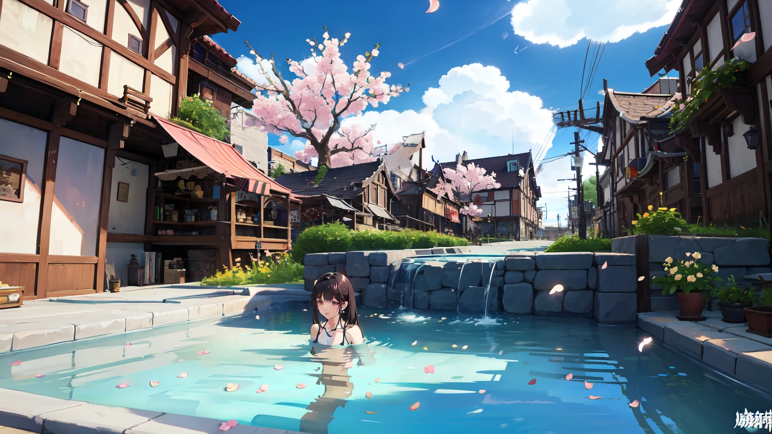 crowd,Hot spring in the middle,Small Town,Flowers,Cherry blossoms on the ground,Cherry tree,masterpiece,最high quality, Very detailed, Cinema Lighting, Sharp focus, Realistic ,(high quality, 最high quality, There is nothing there), (Ultimate Photoreal Concept Art),Realistic,photo Realistic, 