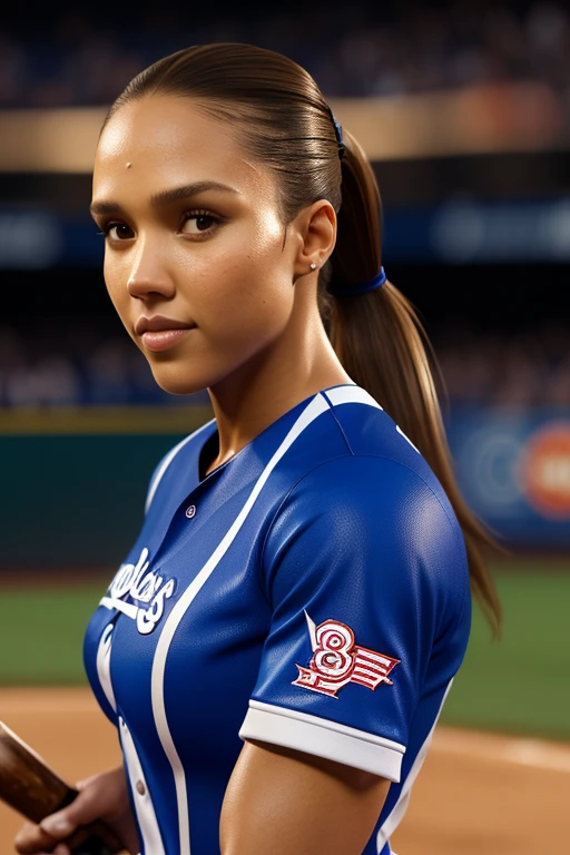 Jessica Alba, 1girl, full body, masterpiece, best quality, 8k, detailed skin texture, athletic muscular physique, visible prominent veins, wearing tight Dodgers uniform, beautiful detailed face, intricate details, ultra detailed, a beautiful girl, brown eyes, brunette hair in a ponytail, 3D character, holding baseball bat