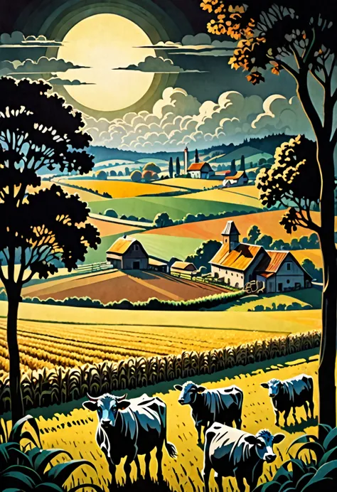view of a field with crops and a farm with cows and sheep, dark fantasy paper style from the 70s, with intense romantic German-s...