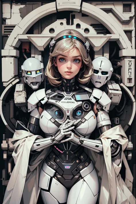 there is a woman in robot suit posing next to ancient building, beautiful white girl half-cyborg, cute cyborg girl, beautiful gi...