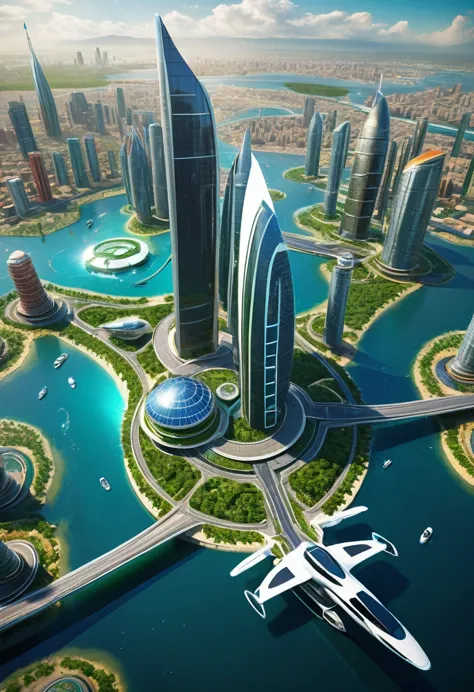 a well designed image of nigeria in 2050, futuristic landscape, flying cars, skyscrapers, advanced architecture, solar panels, c...