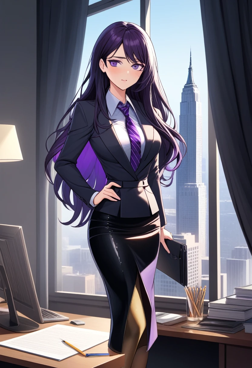 (masterpiece:1.37), best quality, (extremely detailed:1.37), office, window overlooking a bustling cityscape, woman, (mature:1.75), (adult:1.5), (very long hair:1.5), dark purple hair, purple eyes, (extremely detailed eyes:1.37), breasts, sunglasses, business suit, necktie, (very long pencil skirt:2.0), pantyhose, (wetting herself:2.0), standing straight, (desperation:2.0), full body day, daytime, glow, facing viewer, perfect composition, Perfect light and shadow, 8K