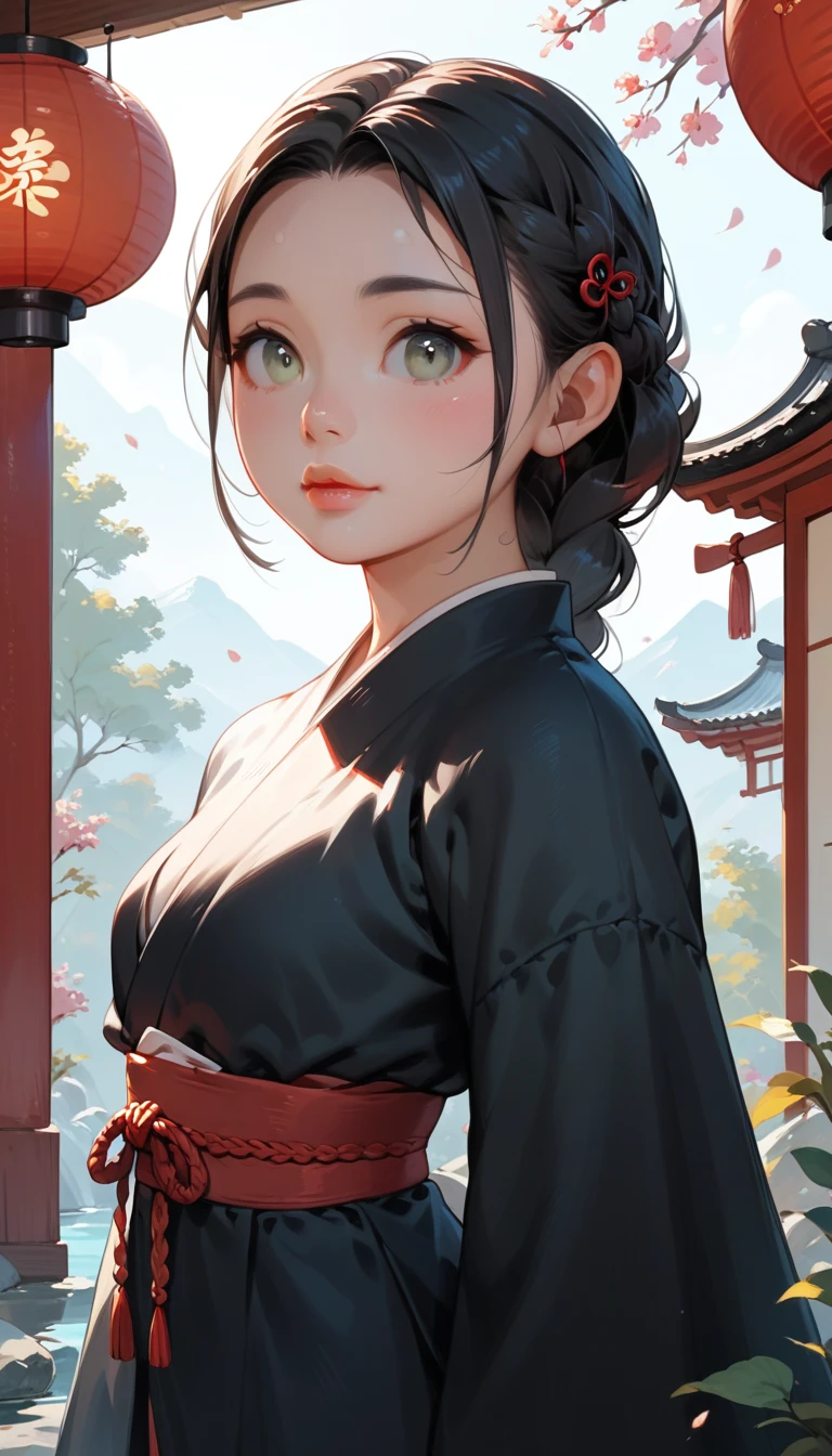 (8K, Highest quality, masterpiece, Ultra-high resolution) One girl, Cute face, １６talent ,Beautiful Eyes, Facial details, Black Hair, Braid, Grey Eyes, Pale skin, Plump lips, cute lips, Cute Black Dress, Dim Japanese house, masterpiece, Highest quality, Upper Body, Looking at the audience, close