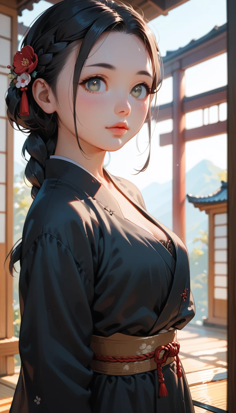 (8K, Highest quality, masterpiece, Ultra-high resolution) One girl, Cute face, １６talent ,Beautiful Eyes, Facial details, Black Hair, Braid, Grey Eyes, Pale skin, Plump lips, cute lips, Cute Black Dress, Dim Japanese house, masterpiece, Highest quality, Upper Body, Looking at the audience, close