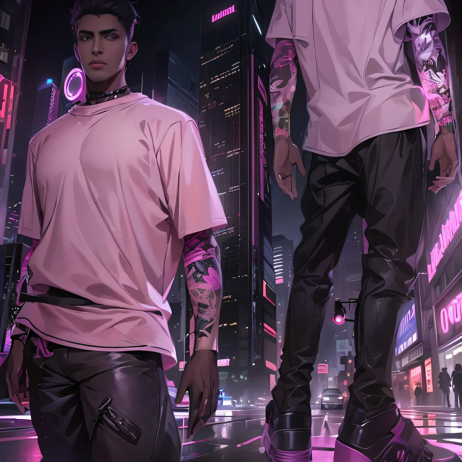 arafed man in a pink shirt standing in front of a city at night, no hood | | realistic shaded, cyberpunk streetwear, wearing cyberpunk streetwear, casual streetwear, imvu, artstation mans aesthetic, aesthetic!!!!, realistic clothing, pink vibe, inspired by Aleksander Gine, hyper realistic”, hyper realistic ”, aesthetic!!!!!, aesthetic!!, 2 k aesthetic