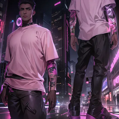arafed man in a pink shirt standing in front of a city at night, no hood | | realistic shaded, cyberpunk streetwear, wearing cyb...