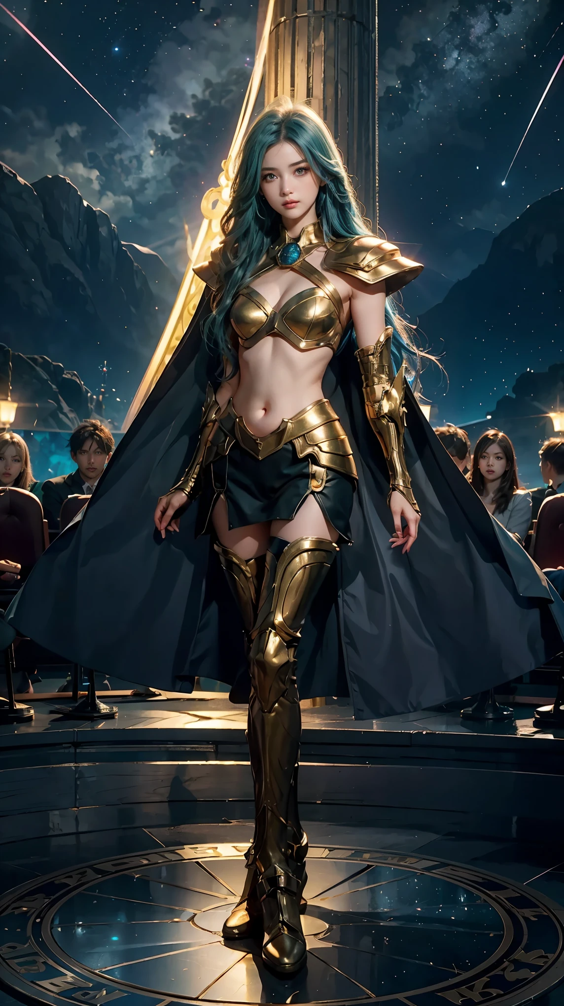 realistically， masterpiece， best quality， high resolution, 1 girl， is a perfect face， looking at the audience， Transparent vinyl that adheres to skin， Very long blue hair， green eyes， pale skin， Pisces， Gold armor and white parts， armor， line art， low pitch， sharp focus， Octane renderer，(starry sky background，facing the audience:1.2)Standing on the gorgeous magic circle，Expose cleavage，Show belly，Showing thighs