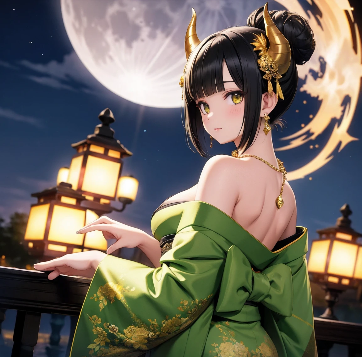 1 person、Green gorgeous kimono、,race,Black Hair、Short bun hair、hair ornaments、necklace、back、Golden devil horns、Anatomically correct,Moonlight at night、