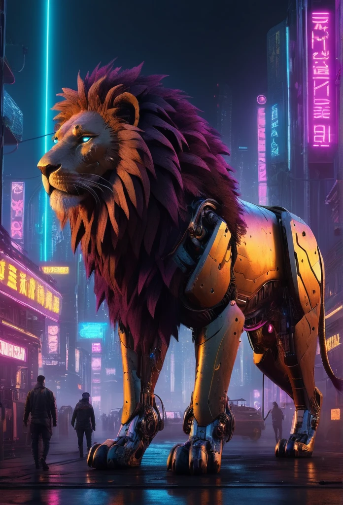 cyberpunk lion, steampunk elements, seamlessly blended cyberpunk environment, mysterious and dystopian ambiance, masterpiece digital art, highly detailed, 8k, photorealistic, cinematic lighting, vibrant colors, intricate mechanical details, glowing cybernetic enhancements, dynamic pose, dramatic shadows, neon city background, gritty futuristic atmosphere