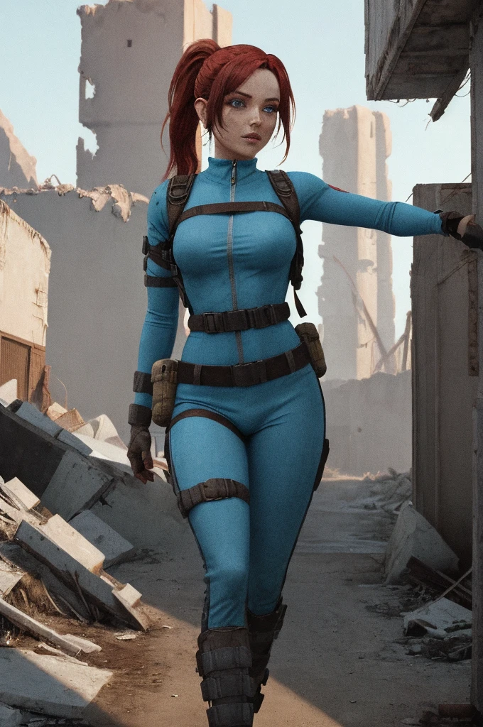 สร้างผลงานศิลปะดิจิทัลที่มี Sweetie Fox ในจักรวาล Fallout. เธอยืนอยู่ที่ 5&#39;5" ด้วยรูปร่างที่เพรียวบางแต่แข็งแกร่ง, มัดผมสีแดงอันเป็นเอกลักษณ์ของเธอไว้ด้านหลังด้วยหางม้าที่ใช้งานได้จริง. ดวงตาสีฟ้าที่เจาะทะลุของเธอแสดงให้เห็นถึงความมุ่งมั่นและความอ่อนแอที่ผสมผสานกัน. สวมชุดจั๊มสูท Vault-Tec แบบดัดแปลง, เธอผสมผสานการปฏิบัติจริงเข้ากับไหวพริบอันเป็นเอกลักษณ์ของเธอ, เพิ่มองค์ประกอบของคอสเพลย์จิ้งจอกอันโด่งดังของเธอ ลองนึกถึงหูแหลมและเครื่องหมายคล้ายสุนัขจิ้งจอกอันละเอียดอ่อน. เธอติดอาวุธด้วยปืนไรเฟิลเลเซอร์สะพายไหล่ของเธอ, และเข็มขัดของเธอประดับด้วยกระเป๋าและอุปกรณ์ต่างๆ, พร้อมที่จะเผชิญกับดินแดนรกร้างหลังหายนะ. ฉากหลังเป็นภูมิประเทศที่รกร้าง, โดยมีซากเมืองที่ปรักหักพังอยู่ข้างหลังเธอ, จับภาพที่น่าขนลุก, แต่แก่นแท้ของ Fallout ที่น่าสนใจ.
