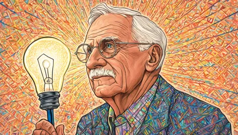 drawing of carl jung having an idea (put a lamp) made with colored pencils, like a t-shirt logo and a colorful geometric art bac...