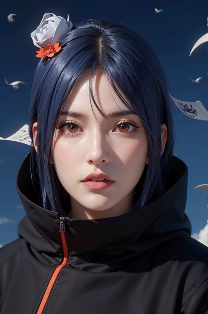 dark blue sky, many flying papers, 1 girl, ultra realistic, high res, highly detail, masterpiece, best quality, Konan of Naruto, close shot, looking at viewer, flying in the sky, sky background, konan, short hair, hair ornament, blue hair, flower, hair flower, (orange eyes:1.2), (labret piercing:1.2), eyeshadow,coat, cloak, black coat, black cloak, (akatsuki uniform:1.5), akatsuki \(naruto\), long face, oval face, 35 year old adult face