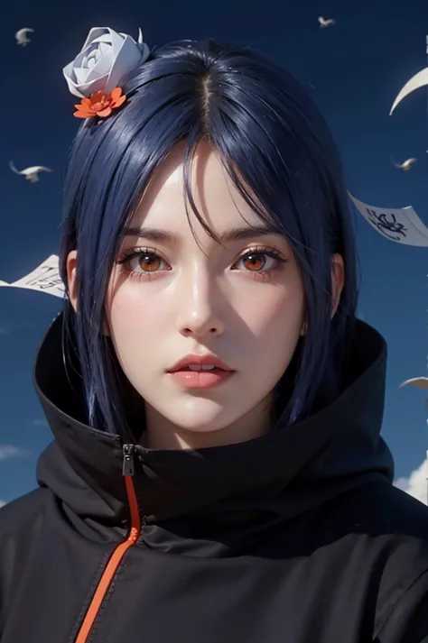 dark blue sky, many flying papers, 1 girl, ultra realistic, high res, highly detail, masterpiece, best quality, konan of naruto,...