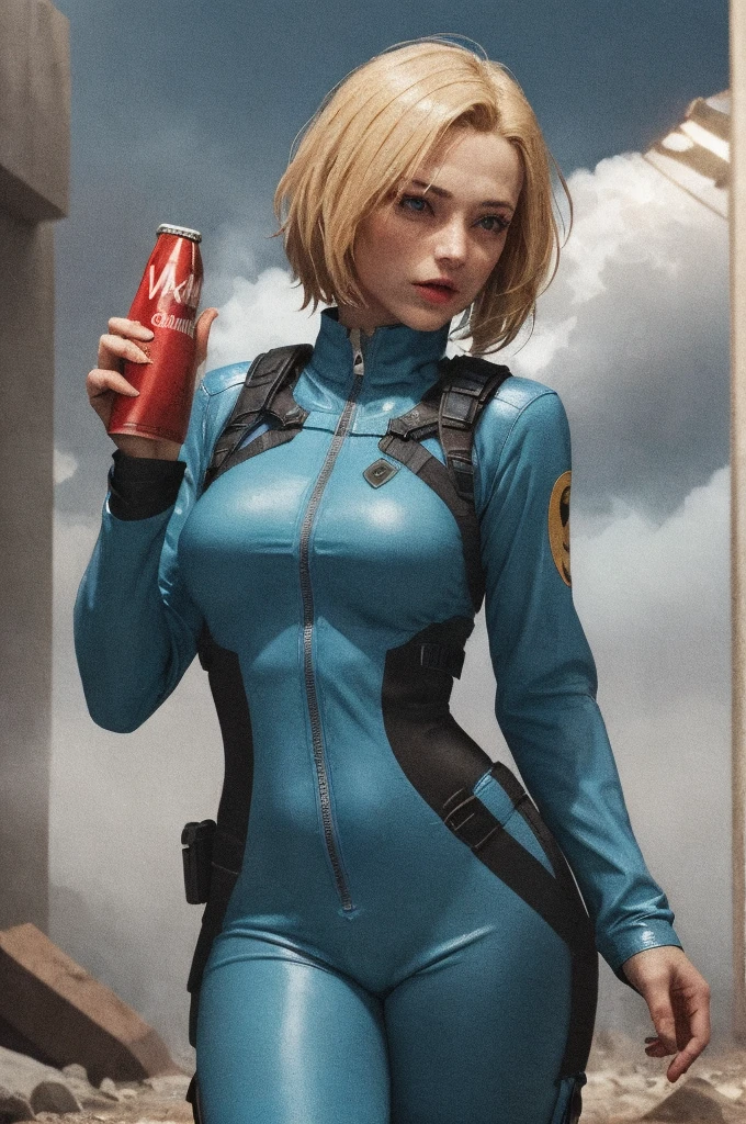 post-apocalypse, FOG, Light particles,  (best qualityer, work of art, bokeh, high resolution), Precipitation 4, 1 girl, blue jumpsuit, VaultGirl, hair blonde, narrowed eyes, shorth hair, sem pipboy3000, leather armored, going, holding gun, cloused mouth, looking at side, lake, Nuka Cola |, radiation symbol, 
 More grainy