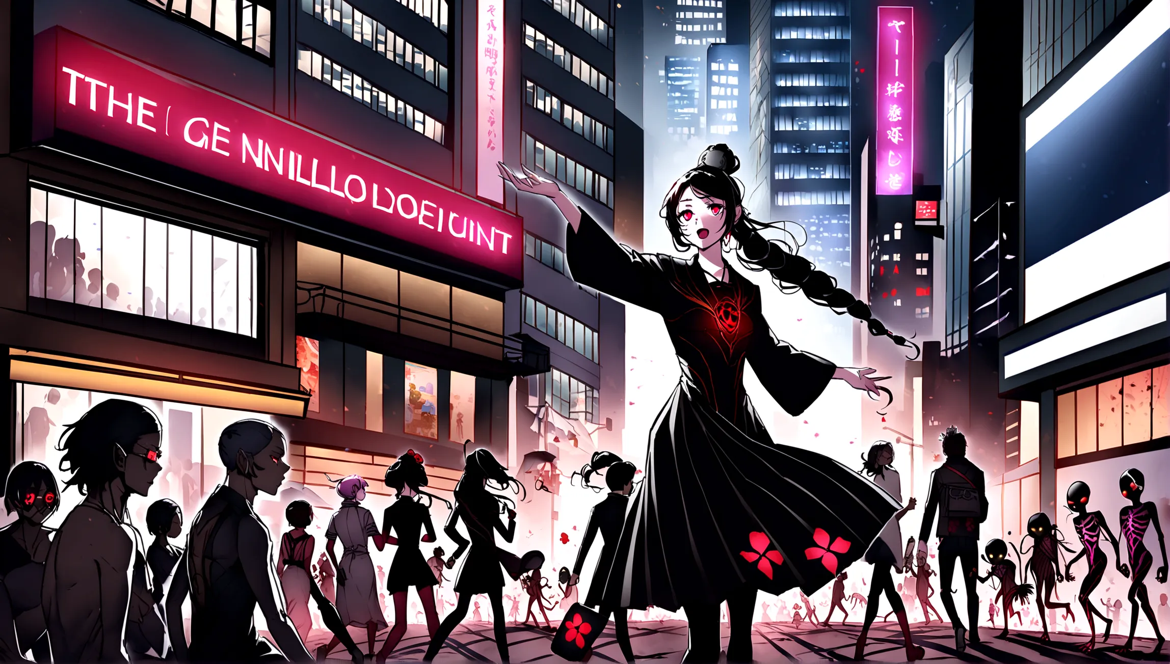 a dark-haired girl named akira with long black hair and red eyes, wearing a black dress, walking to work in a bustling, modern f...