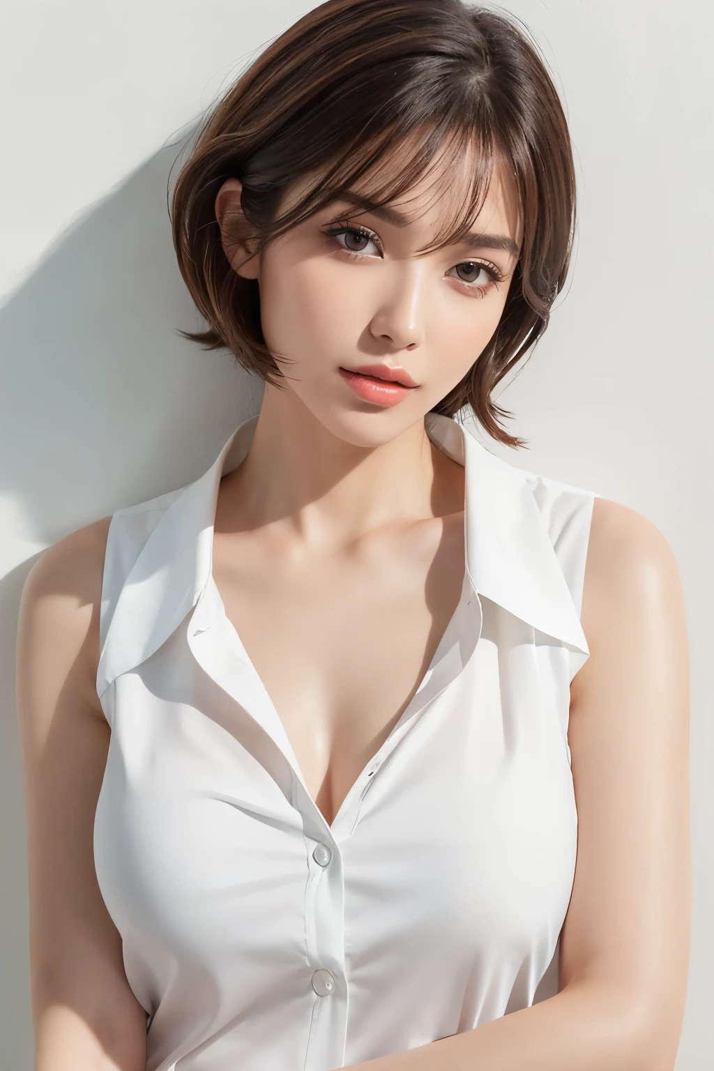 (Highest quality、Tabletop、8K、Best image quality、Award-winning works)、One beautiful mature woman、Voluptuous body、(short hair:1.1)、(Cleavage:1.1)、(Perfect white polyester sleeveless open collar shirt:1.5)、(Bright white open shirt:1.2)、(Very bright:1.3)、Bright and shiny shirt、(Leaning against the simplest white wall:1.4)、Close-up of face、Beautiful clavicle、Cleavage、Perfect Makeup、Lustrous and bright lips、Accurate anatomy、Ultra-high definition beauty face、Ultra HD Hair、Super high quality sparkling eyes、(Ultra-high resolution glossy skin:1.1)、Super high quality glossy lip、Look straight ahead