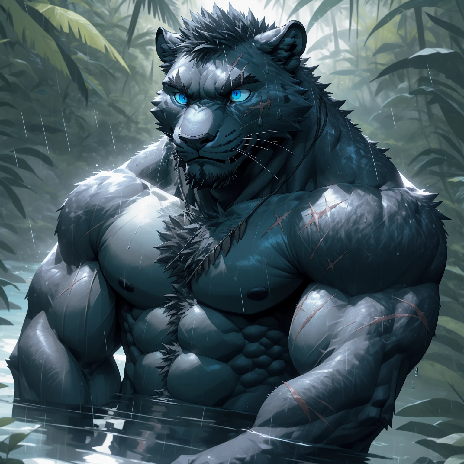 Sweating, muscular, Topless, rain, Rainforest, seaside, hairy, Anthropomorphic, chest hair, Serious expression（scars in the face） Mature （blue eyes）Huge muscular ripped abs wild，Tribal Ambition Black Panther