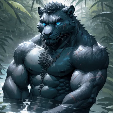 sweating, muscular, topless, rain, rainforest, seaside, hairy, anthropomorphic, chest hair, serious expression（scars in the face...