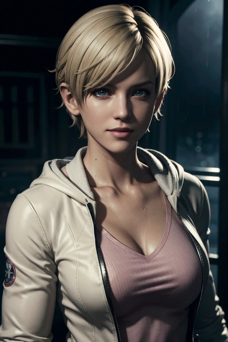 Resident Evil 6,Shelley,Short Hair,Blonde Hair,White hoodie,Cold protection,neck warmer,Photorealistic,Ultra HD,high quality,masterpiece,Digital SLR,Detailed details,Intricate details,Anatomical basis,Depicted in detail,A detailed face,Realistic skin texture,Vivid details,Perfect Anatomy,Perfect Anatomy,Anatomically correct hand,Anatomically correct fingers,Super Detail,Complex 3D rendering,Sexy pose,Rainy Sky,Beautiful scenery,Fantastic rainy sky,Picturesque,Pink Lips,smile,