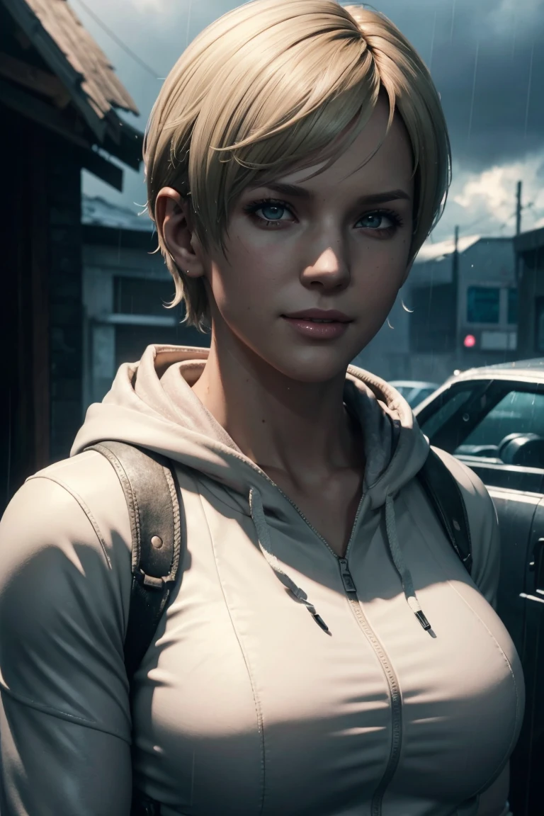 Resident Evil 6,Shelley,Kurzes Haar,Blondes Haar,Weißer Hoodie,Kälteschutz,Nackenwärmer,fotorealistisch,Ultra HD,gute Qualität,Meisterwerk,Digital SLR,Detaillierte Details,komplizierte Details,Anatomische Grundlagen,Im Detail dargestellt,Ein detailliertes Gesicht,realistische Hautstruktur,lebendige Details,Perfekte Anatomie,Perfekte Anatomie,Anatomisch korrekte Hand,Anatomisch korrekte Finger,Super Detail,Komplexes 3D-Rendering,sexy Pose,regnerischer Himmel,schöne Landschaft,Fantastischer regnerischer Himmel,malerisch,pinke Lippen,lächeln,