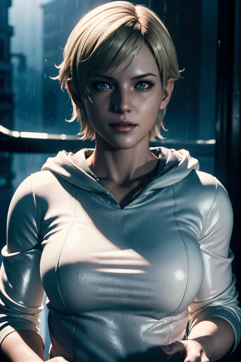 Resident Evil 6,Shelley,Short Hair,Blonde Hair,White hoodie,Cold protection,neck warmer,Photorealistic,Ultra HD,high quality,masterpiece,Digital SLR,Detailed details,Intricate details,Anatomical basis,Depicted in detail,A detailed face,Realistic skin texture,Vivid details,Perfect Anatomy,Perfect Anatomy,Anatomically correct hand,Anatomically correct fingers,Super Detail,Complex 3D rendering,Sexy pose,Rainy Sky,Beautiful scenery,Fantastic rainy sky,Picturesque,Pink Lips,smile,