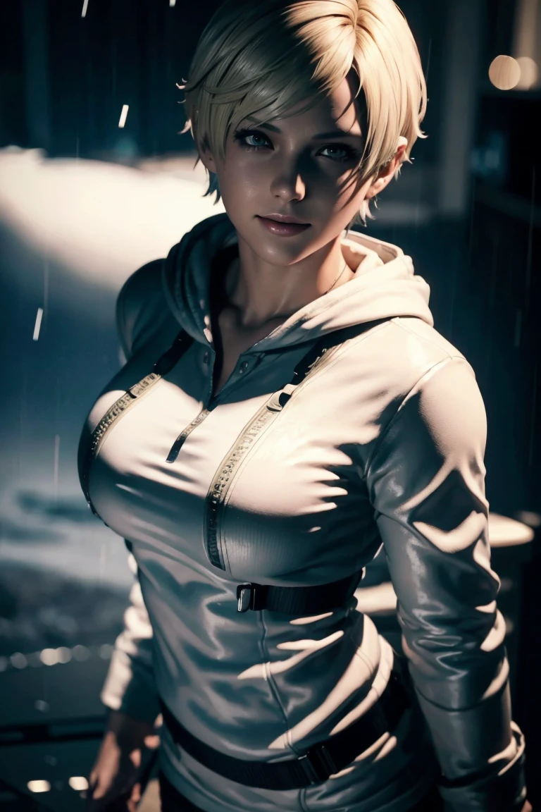 Resident Evil 6,Shelley,Short Hair,Blonde Hair,White hoodie,Cold protection,neck warmer,Photorealistic,Ultra HD,high quality,masterpiece,Digital SLR,Detailed details,Intricate details,Anatomical basis,Depicted in detail,A detailed face,Realistic skin texture,Vivid details,Perfect Anatomy,Perfect Anatomy,Anatomically correct hand,Anatomically correct fingers,Super Detail,Complex 3D rendering,Sexy pose,Rainy Sky,Beautiful scenery,Fantastic rainy sky,Picturesque,Pink Lips,smile,