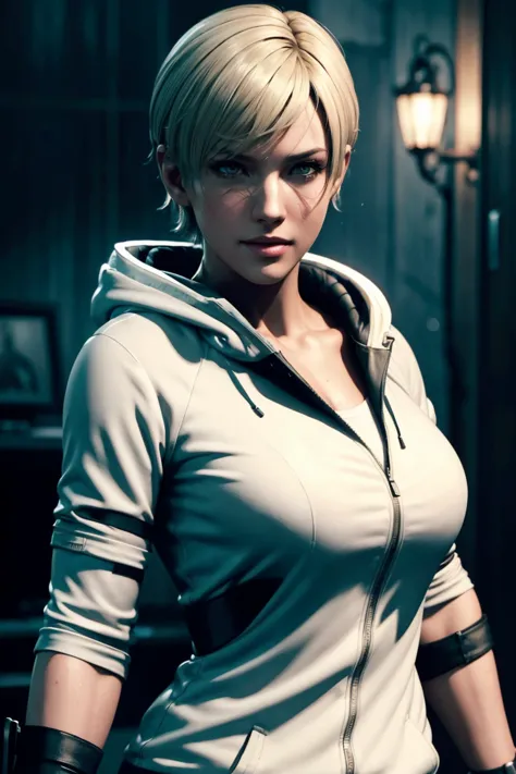 Resident Evil 6,Shelley,Short Hair,Blonde Hair,White hoodie,Cold protection,neck warmer,Photorealistic,Ultra HD,high quality,mas...