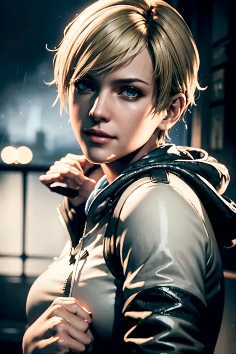 Resident Evil 6,Shelley,Short Hair,Blonde Hair,White hoodie,Cold protection,neck warmer,Photorealistic,Ultra HD,high quality,mas...