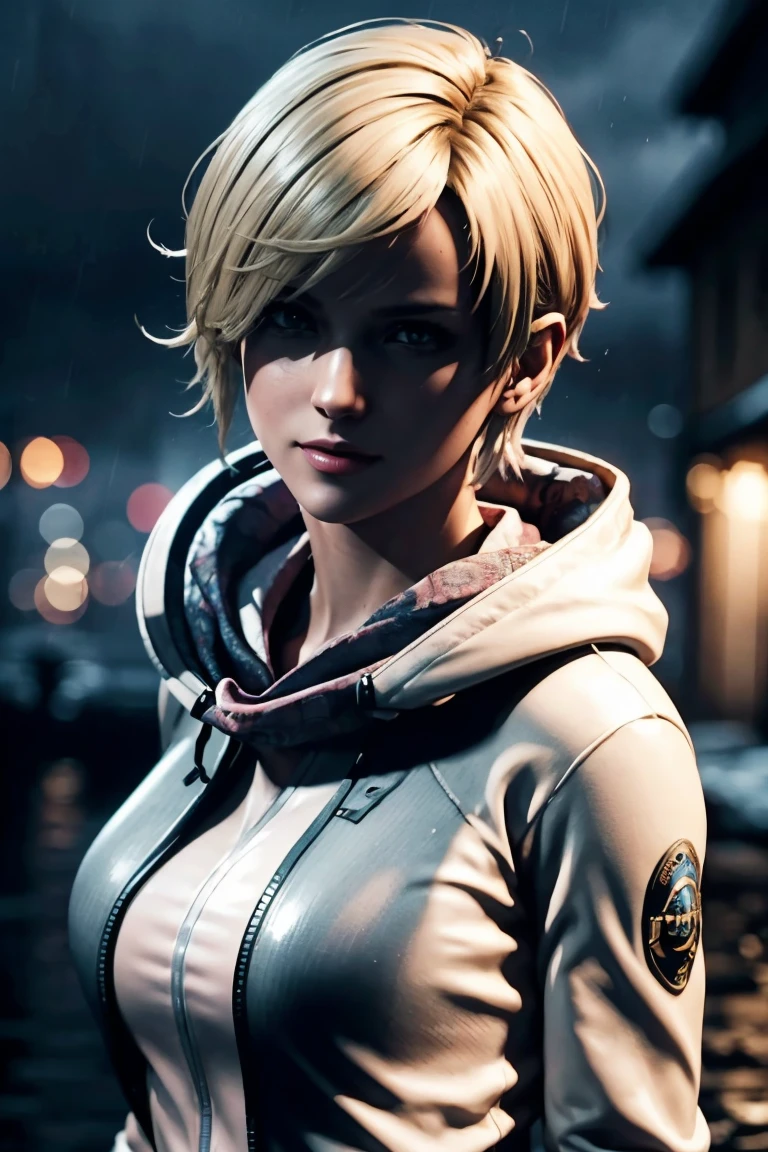 Resident Evil 6,Shelley,Kurzes Haar,Blondes Haar,Weißer Hoodie,Kälteschutz,Nackenwärmer,fotorealistisch,Ultra HD,gute Qualität,Meisterwerk,Digital SLR,Detaillierte Details,komplizierte Details,Anatomische Grundlagen,Im Detail dargestellt,Ein detailliertes Gesicht,realistische Hautstruktur,lebendige Details,Perfekte Anatomie,Perfekte Anatomie,Anatomisch korrekte Hand,Anatomisch korrekte Finger,Super Detail,Komplexes 3D-Rendering,sexy Pose,regnerischer Himmel,schöne Landschaft,Fantastischer regnerischer Himmel,malerisch,pinke Lippen,lächeln,