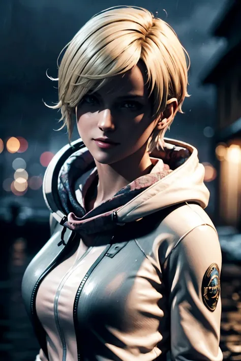 Resident Evil 6,Shelley,Short Hair,Blonde Hair,White hoodie,Cold protection,neck warmer,Photorealistic,Ultra HD,high quality,mas...
