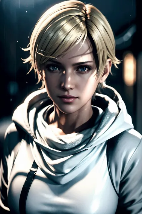 Resident Evil 6,Shelley,Short Hair,Blonde Hair,White hoodie,Cold protection,neck warmer,Photorealistic,Ultra HD,high quality,mas...